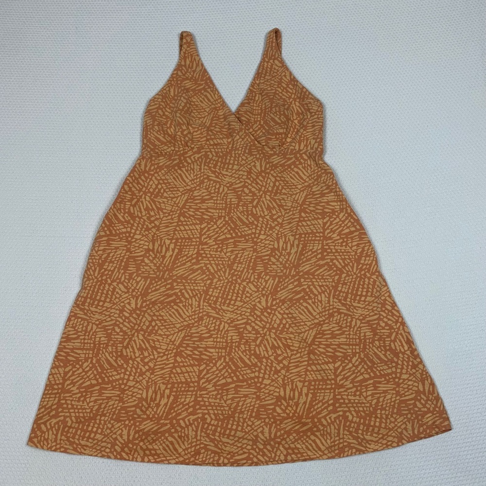 Prana Orange Abstract Print V-Neck Strappy Back A-Line Dress with Pockets Large